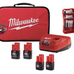Milwaukee M12 1/4 in. Hex Screwdriver Kit w/ (4) Batteries, Charger, Bag, and Bit Set NEW
