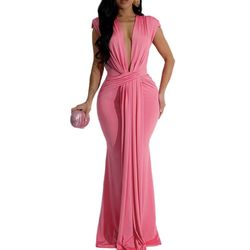 Sexy Deep V Neck Sleeveless Long Dress Fashion Ruched Bodycon Floor Length Formal Evening Party Maxi Dress size L new