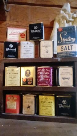 Antique tea tins, salt box and icecream box includes shelf