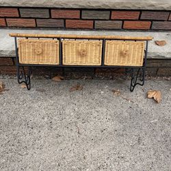 Black & Tan Metal & Rattan Wall Shelf w Hooks and Baskets