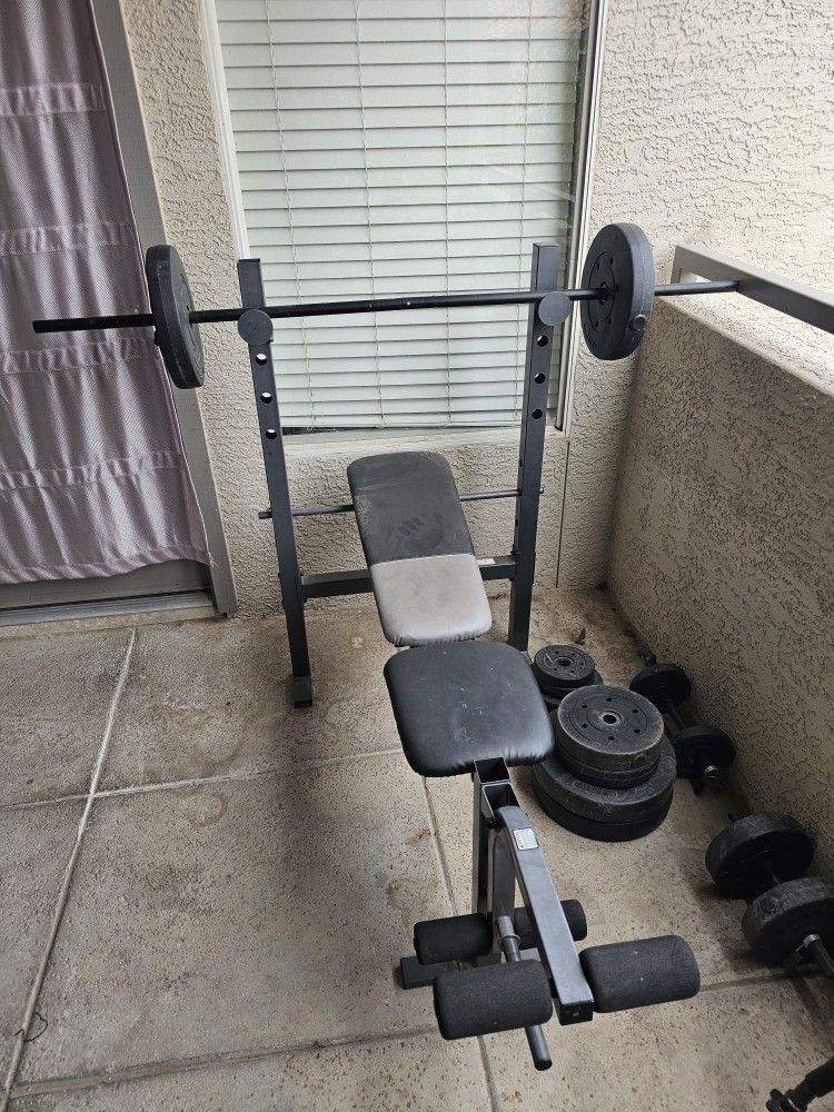 Work Bench And Curl Bar W/ 100lbs In Weights