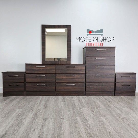 DRESSER WITH MIRROR, CHEST AND TWO NIGHSTANDS