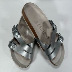 Birkenstock Yao Silver Metallic Birko-Flor Comfort Sandals Women Size 8