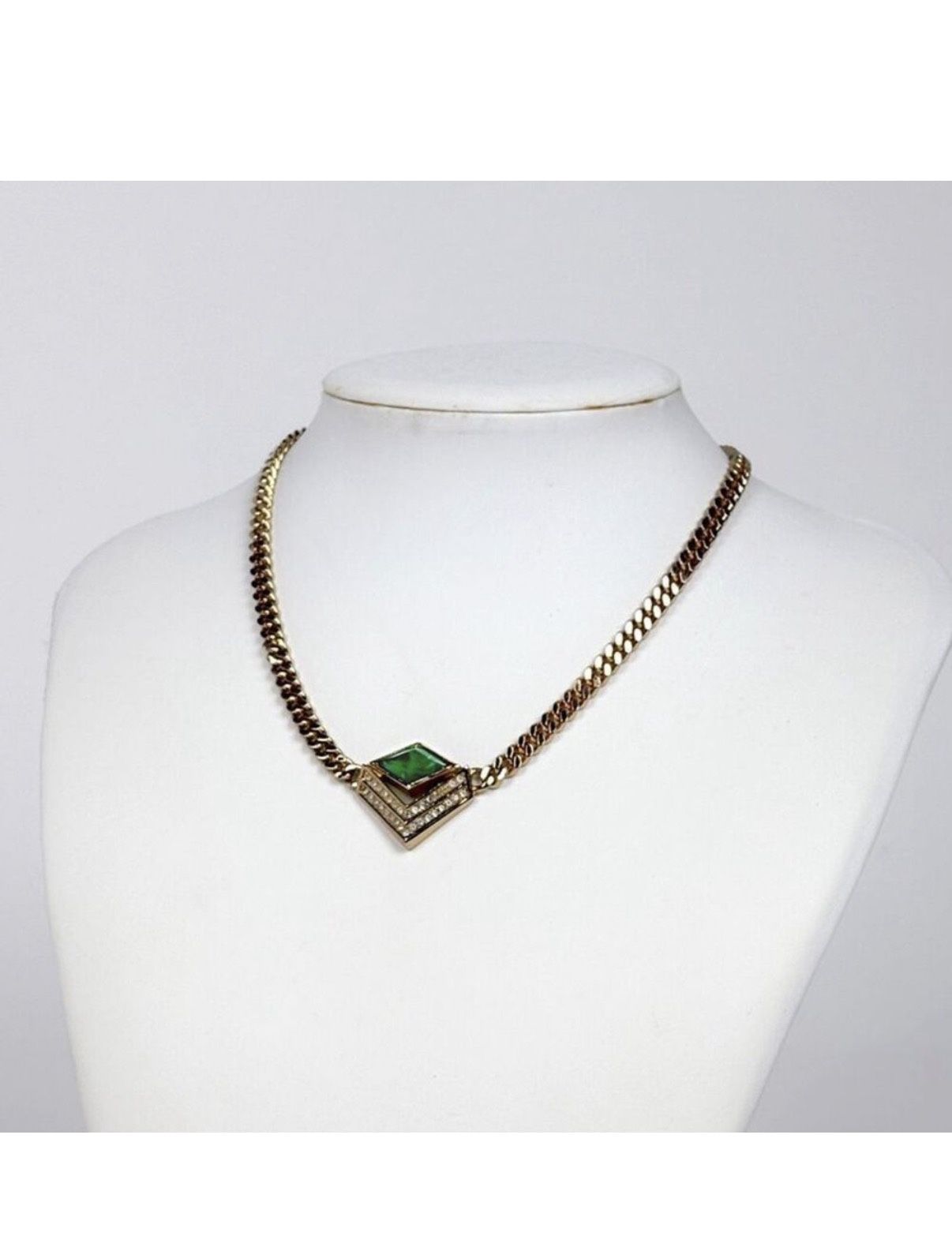 Christian DIOR Rhinestone Chain Necklace Color Stone Necklace GP Gold Green
