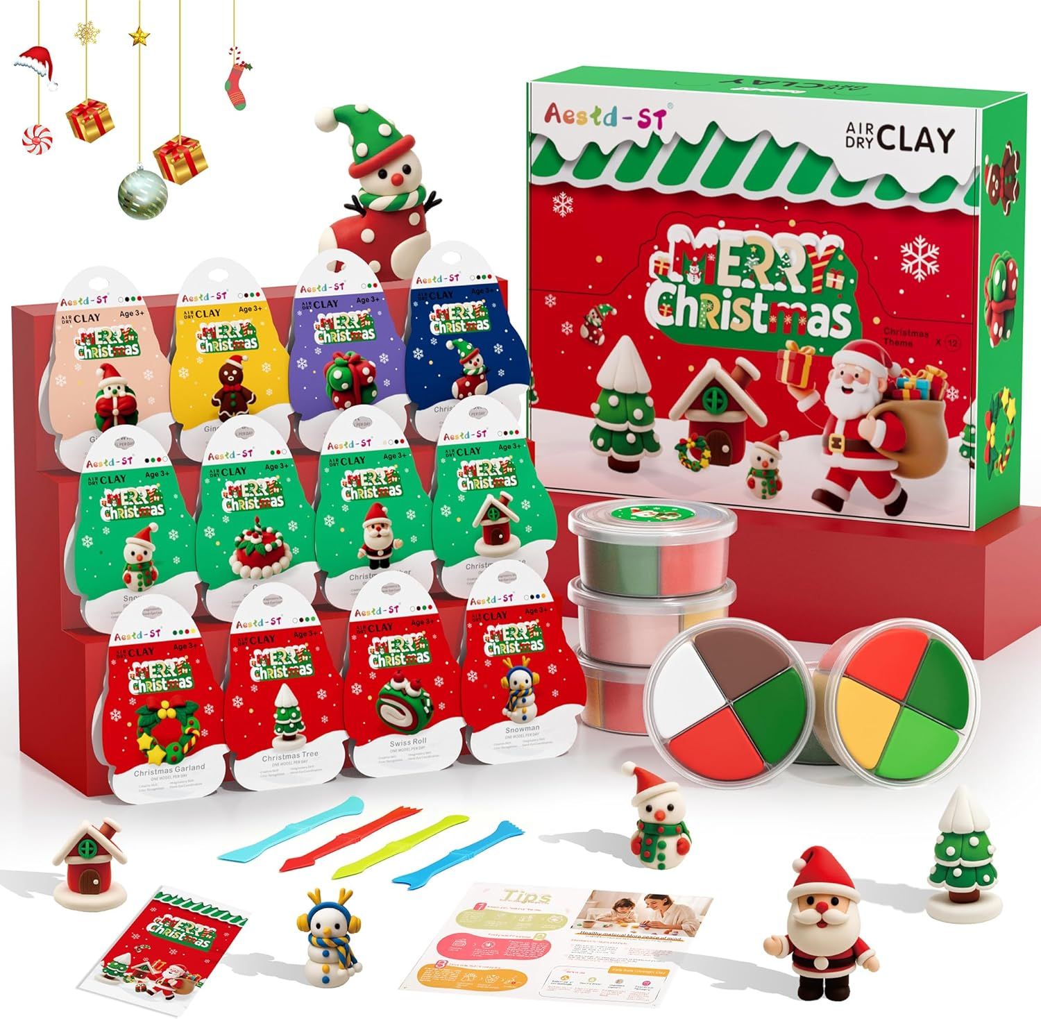 Air Dry Clay Kit - Christmas Theme, Modeling Clay for Kids, DIY Model Magic Clay with Sculpting Tools and Tutorials,12 Boxes Molding Clay, Ultra Light