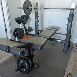 Full Bench with legs Extension, Barbell + weights and weight rack