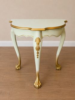 Mint Green & Gold Vintage French Provincial Entryway Demi-Lune Accent Table – Refinished, Solid Wood