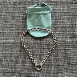 VINTAGE Tiffany & Co. 925 Sterling Silver Chain Link Necklace w/ Open Hinge Heart (Length 16")
