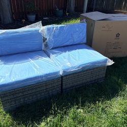 2 Ash Gray Patio Chairs with Blue Cushions - New in Box