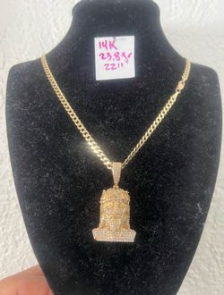 14K Solid Gold Chain and Pendant CUBIC ZIRCONIUM STONES For Wedding 23.8Gr 22 Inches Long