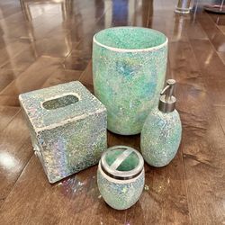 Aquamarine Bathroom Accessories - Wastebasket, Tissue Cover Box, Toothbrush Holder & Soap Dispenser