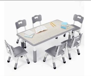 Kids Table and 6 Chairs Set, Height Adjustable Toddler Desk and Chair Set, Graffiti Desktop, Classroom/Daycare/Home, Children Multi-Activity Table for