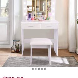 Makeup Vanity Set with Lighted Mirror and Stool