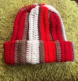 Handmade Crochet Beanie, color, red, brown, white