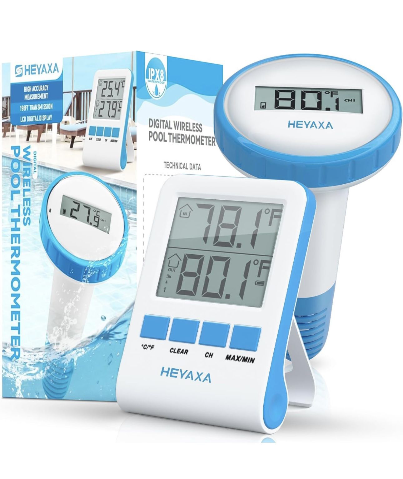 Pool Thermometer, Wireless Floating Easy Read, IPX8 Waterproof Digital Pool Thermometer for Swimming Pool,Hot Tubs, SPA, Aquarium (Blue, 1 Sensor
