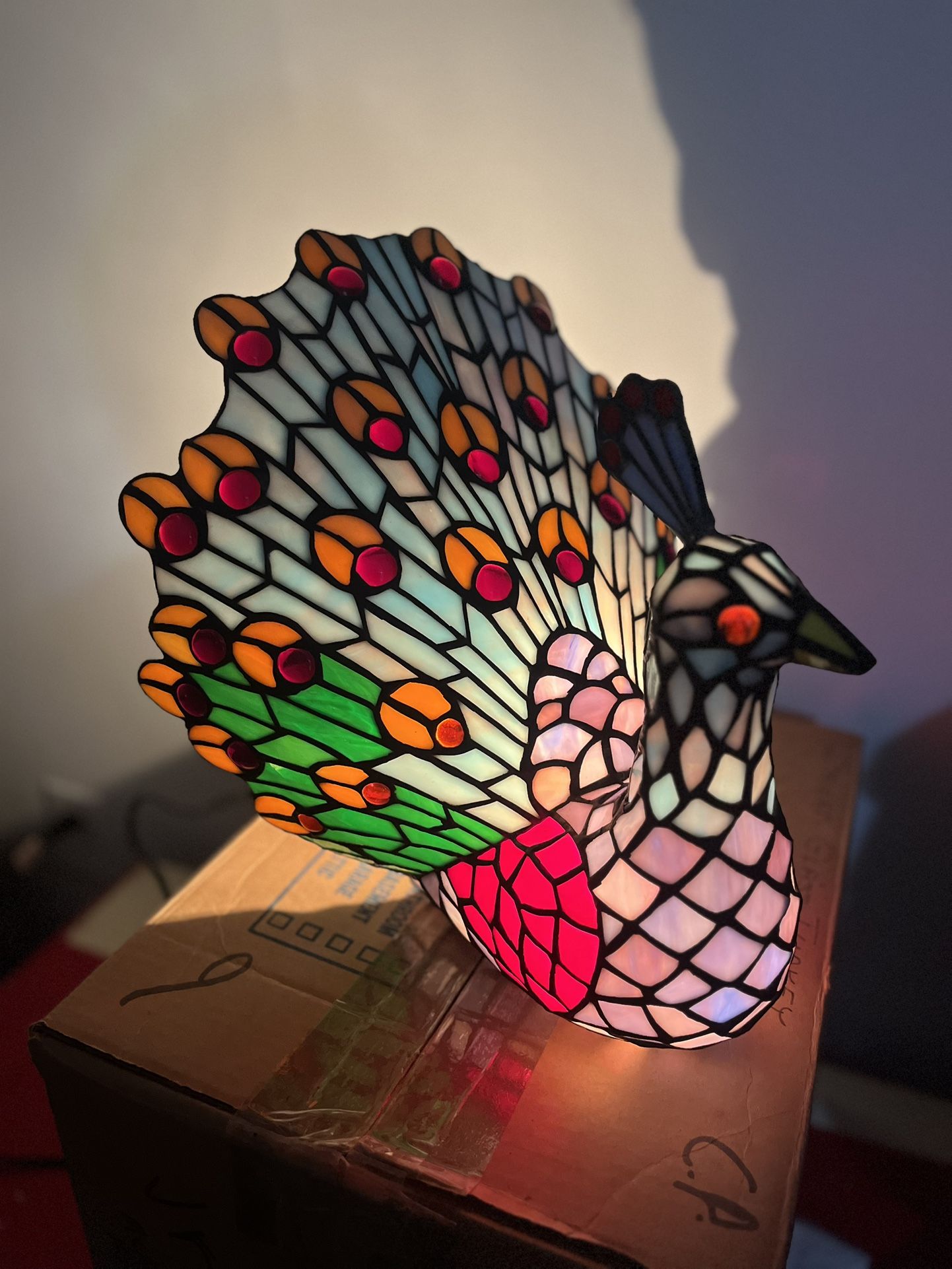 Vintage Peacock Stained Glass Lamp 15” tall x 14”wide