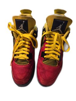 Jordan 4 Retro "Fire Red" sneakers with red, yellow, and black color blocking #basketball #retro Size 11.