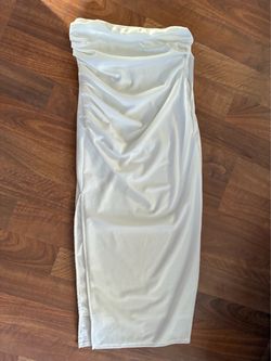 White Strapless Ruched Midi Dress