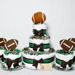 Baby Diaper Cake Football Sports 3 Tier and 4 Minis Boys Shower Gift Centerpieces