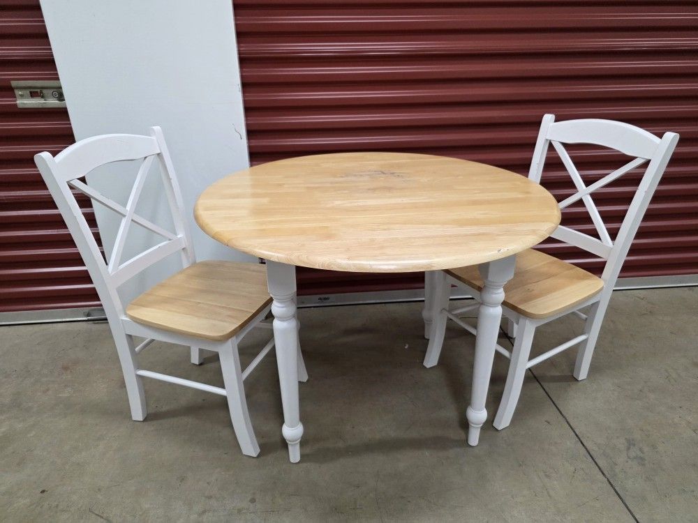 Round Drop-Leaf Dining Table, White/Natural