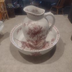 White & Burgundy Porcelain Wash Basin & Pitcher.