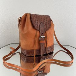 Vintage Orange Brown Tooled Leather Costa Rica Buckle Strap Bucket Crossbody Bag