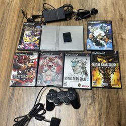 Silver Sony PS2 Slim W/ Complete In Box Games + Hookups!