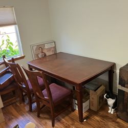 Dining Table With 4 Chairs, Inlay Design, Wood With Fabric Cushion Seats