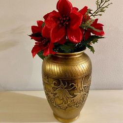 Gold Tone Pottery Vase And Flowers