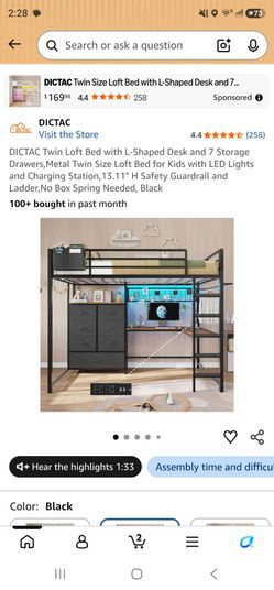 DICTAC Twin Loft Bed with L-Shaped Desk and Drawers