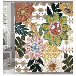 Boho Floral Shower Curtain for Bathroom, Abstract Mid Century Morden Bohemian Decor Bath Curtains, Botanical Flowers Tropical Leaves Waterproof Fabric