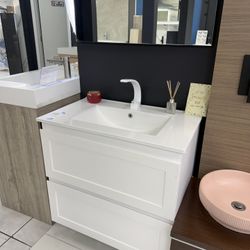 30” White PVC Floating Vanity With Ceramic Top