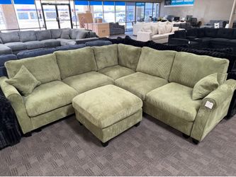 Sage green L shaped sectional w/ ottoman