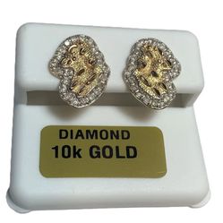 Genuine Diamonds 0.44 Ctw  Men's Women 10K Real Gold 2 Tone Nugget Earring 15mm 