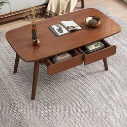 CraftThink Coffee Table, Contemporary Solid Wood 4 Legs Coffee Table Rectangular Coffee Table Side Table End Table with Storage for Living Room, Walnu