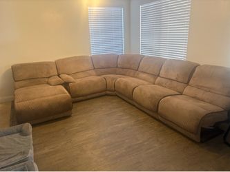 Large Tan Corduroy Sectional Sofa w/ Recliners & Chaise – L-Shaped Couch