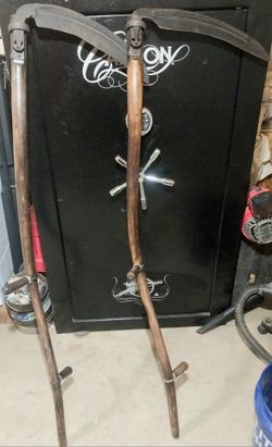 2- Antique Sycthes w/Sta-Tite No.300 Heel Plates, 1 w/advertising logo