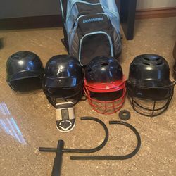 4 Softball/ Baseball Helmets, Evo Shield & Demarini Backpack