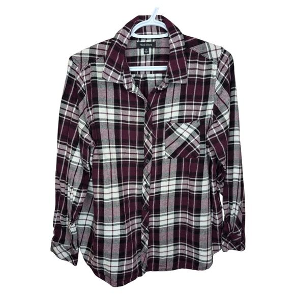 Well Worn Women's Flannel Shirt Soft Button Down Shirt Berry/Whit Plaid-MediumWell Worn Women's Flannel Shirt Soft Button Down Shirt Berry/White Plaid