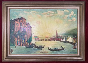 VINTAGE Original 1970’s LARGE OIL PAINTING Framed & Matted SUNSET BOATS & CANAL 