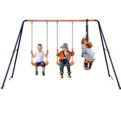 Swing Set Metal Backyard Playground with 2 Seats with 1 Seesaw Play Set 440lbs Capacity

