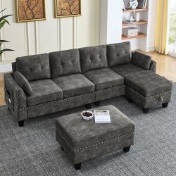 Sectional 3-seaters Sofa, Double-Sided Multi-Functional Footstool, Storage Mat, Non-Slip Leg, Two Pillows, Velvet, Dark Grey
