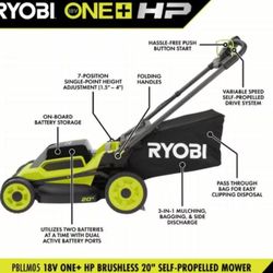 RYOBI ONE+ HP 18V Brushless 20 in. Cordless Battery Walk Behind Self-Propelled Lawn Mower w/ (2) 4.0 Ah Batteries and Chargers