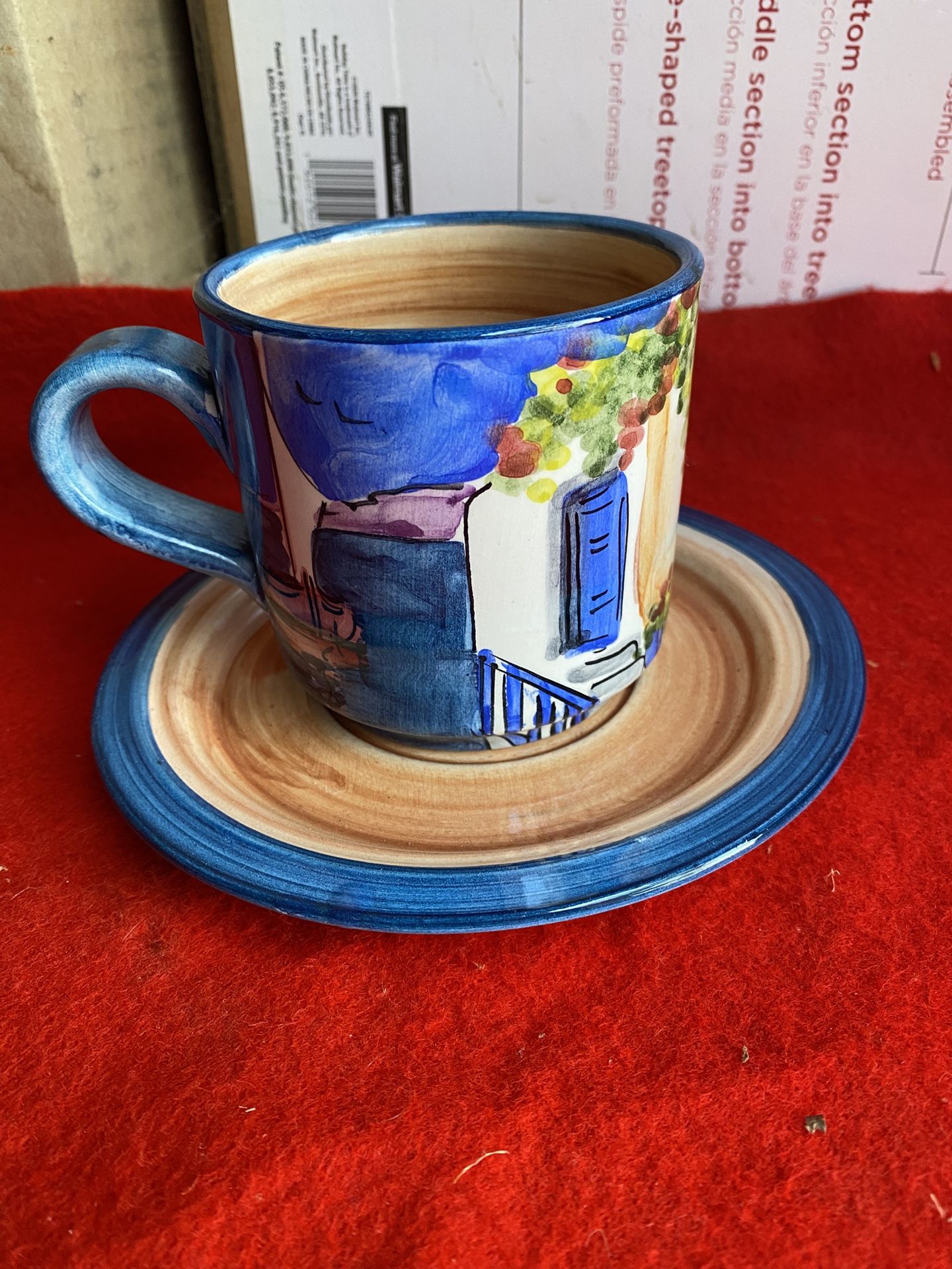 Hand Painted Blue Ceramic Greek Cup & Plate Imported From Greece