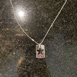 Souvenirs Silver Tone Dog Tag Necklace Star with Red & Blue Rhinestones 