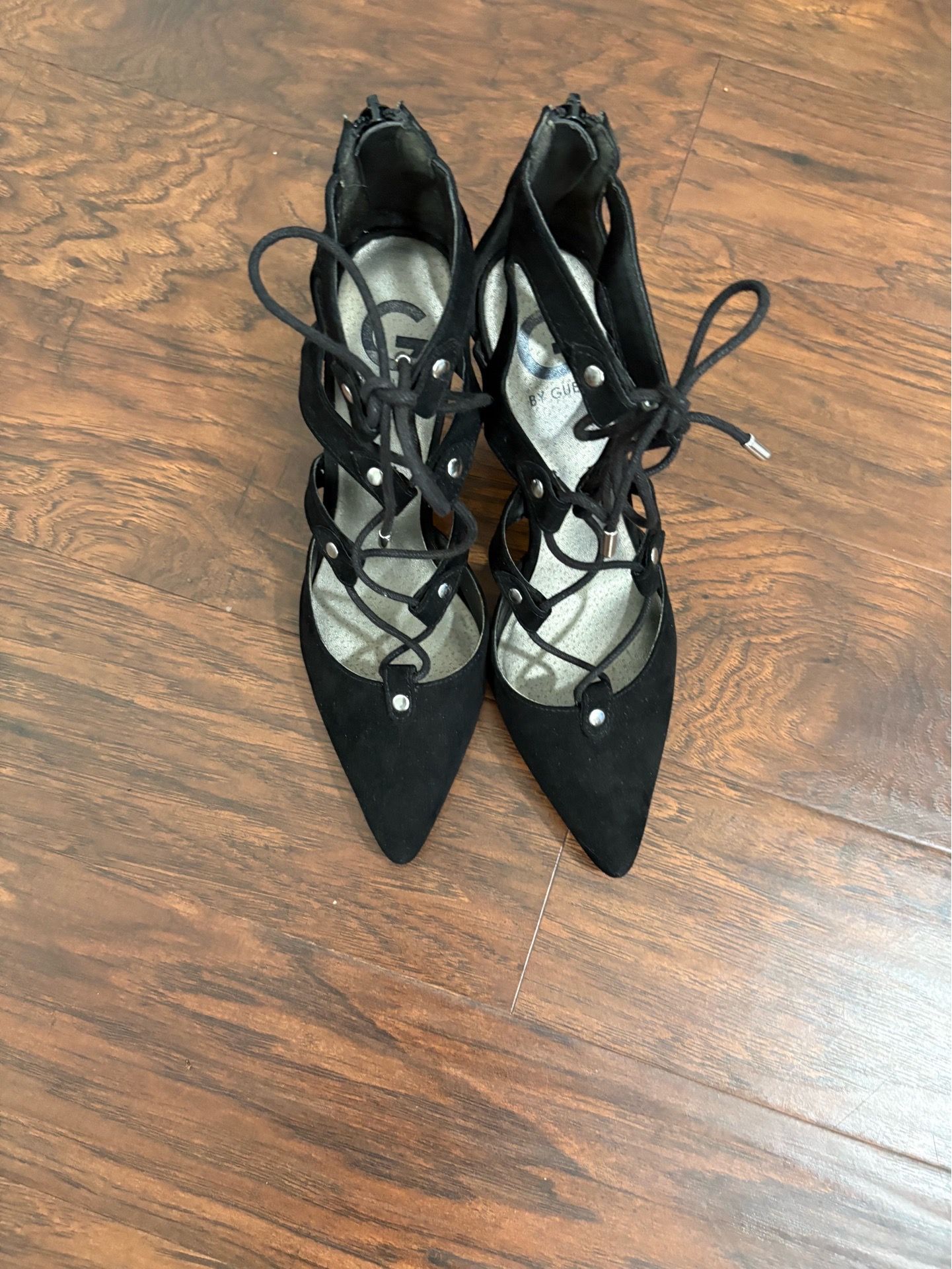 By Guess Black Faux Suede Lace Up Heel with Zipper in the back Size 8