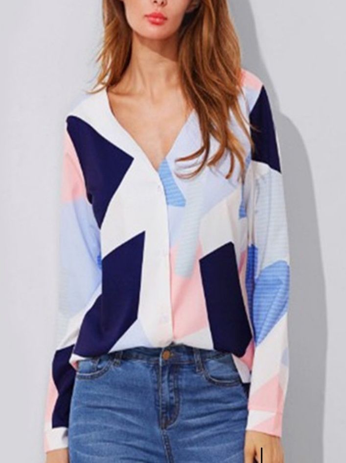 NWOT Geometric Patterned Women's Roll Up Long Sleeve Blouse