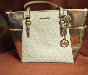 Michael Kors Charlotte Large Signature Logo and Metallic Top-Zip Tote Bag