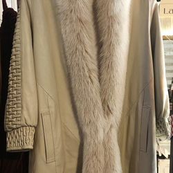 Mid Length Leather Coat With Silver Fox Trim