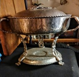 Vintage Hammered Aluminum Casserole Serving Dish w/Stand & Lid Mid Century Hostess